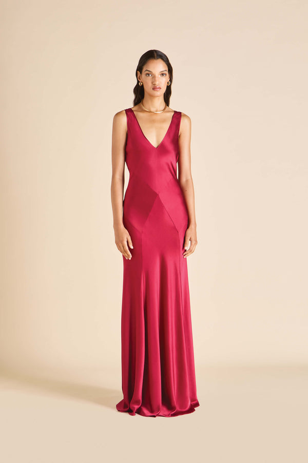 olivia von halle Paloma Russet Red Dress in Silk Satin Red