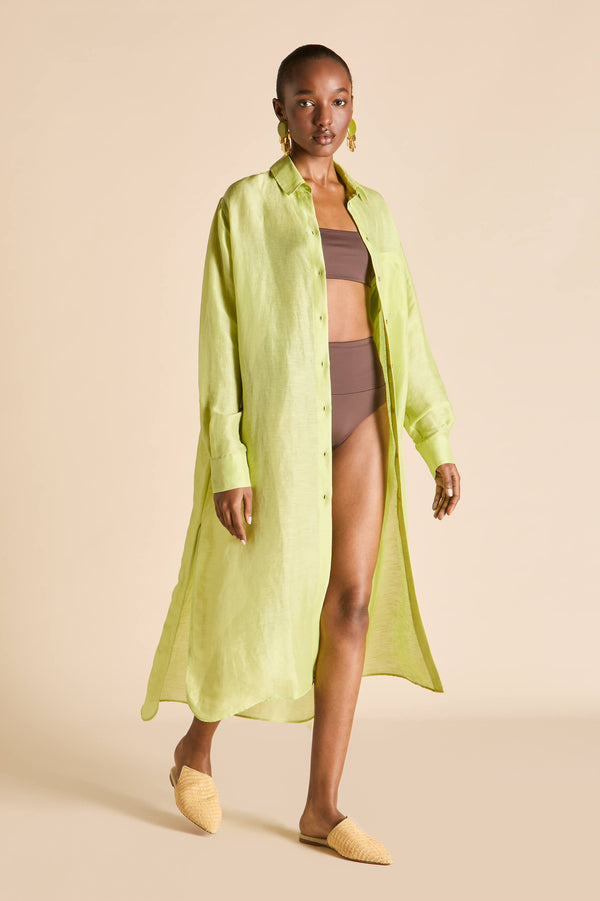 Olivia Von Halle Phoebe Celery Green Shirt Dress In Linen-Silk Green
