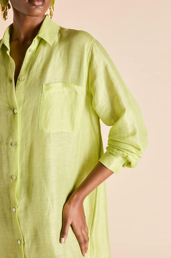 Olivia Von Halle Phoebe Celery Green Shirt Dress In Linen-Silk Green