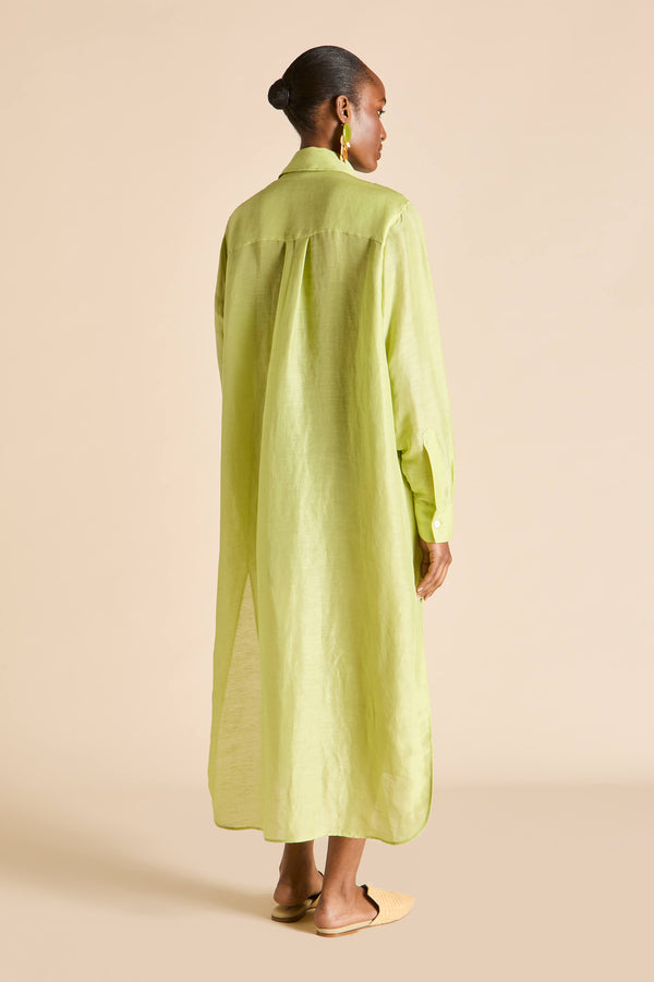 Olivia Von Halle Phoebe Celery Green Shirt Dress In Linen-Silk Green