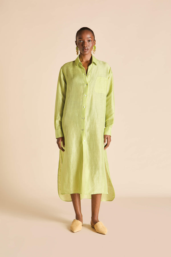 olivia von halle Phoebe Celery Green Shirt Dress in Linen-Silk Green