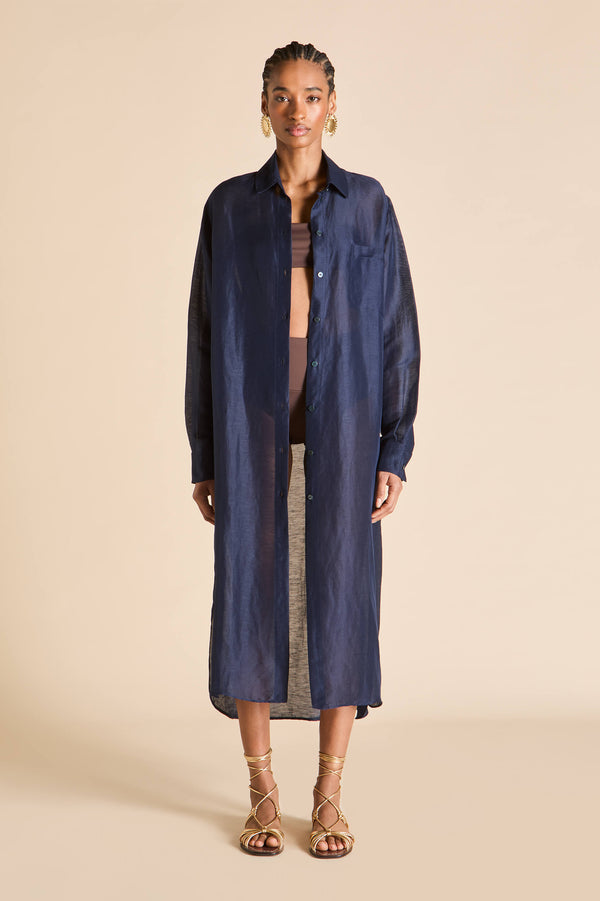 Olivia Von Halle Phoebe Navy Shirt Dress In Linen-Silk Navy
