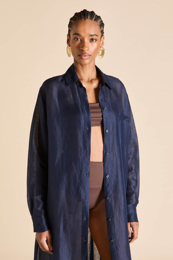Olivia Von Halle Phoebe Navy Shirt Dress In Linen-Silk Navy