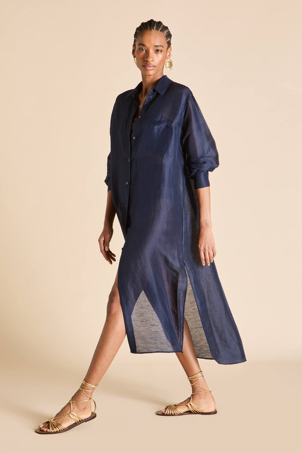 Olivia Von Halle Phoebe Navy Shirt Dress In Linen-Silk Navy