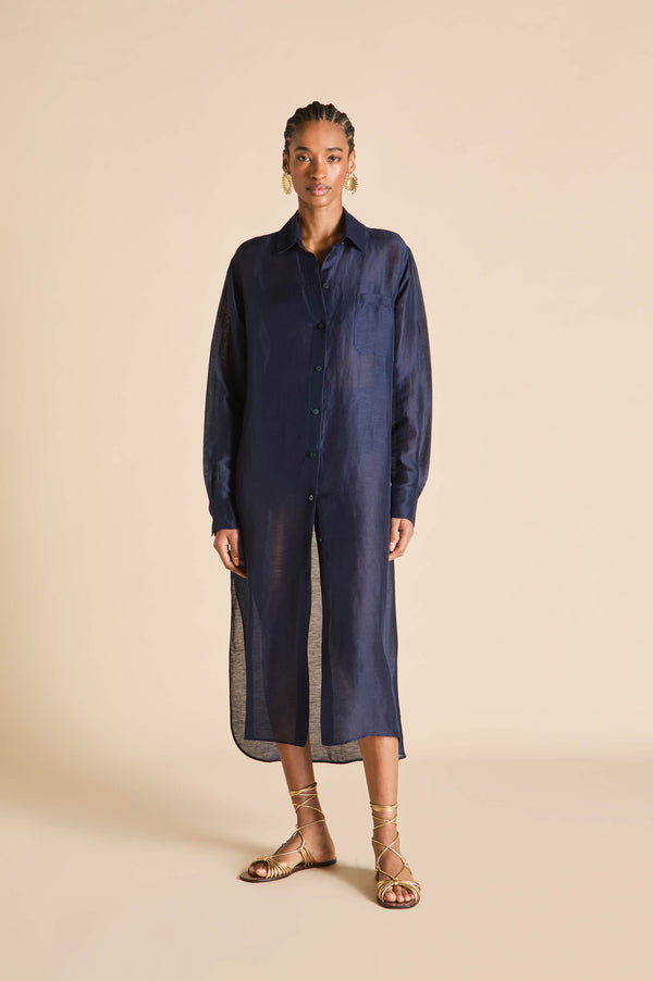olivia von halle Phoebe Navy Shirt Dress in Linen-Silk Navy olivia von halle Phoebe Navy Shirt Dress in Linen-Silk Navy