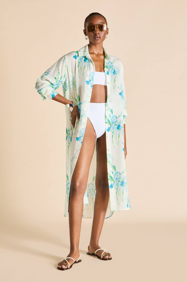 Olivia Von Halle Phoebe Samphire Ivory Floral Shirt Dress In Silk-Chiffon Ivory