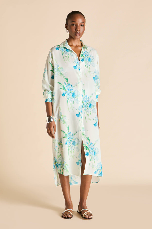 Olivia Von Halle Phoebe Samphire Ivory Floral Shirt Dress In Silk-Chiffon Ivory