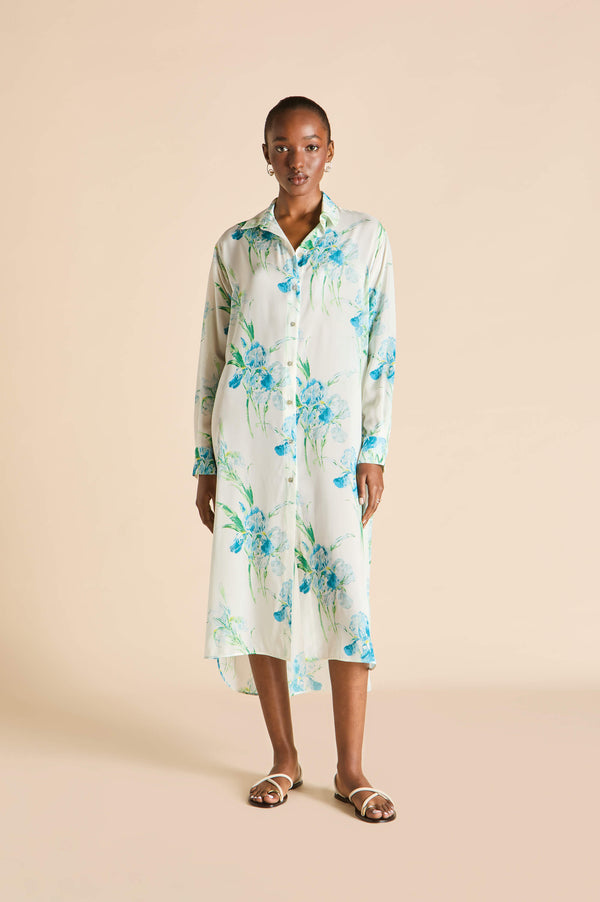olivia von halle Phoebe Samphire Ivory Floral Shirt Dress in Silk-Chiffon Ivory