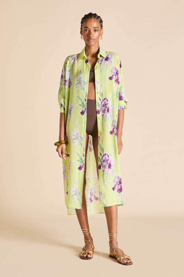 Olivia Von Halle Phoebe Sundial Green Floral Shirt Dress In Silk-Chiffon Green