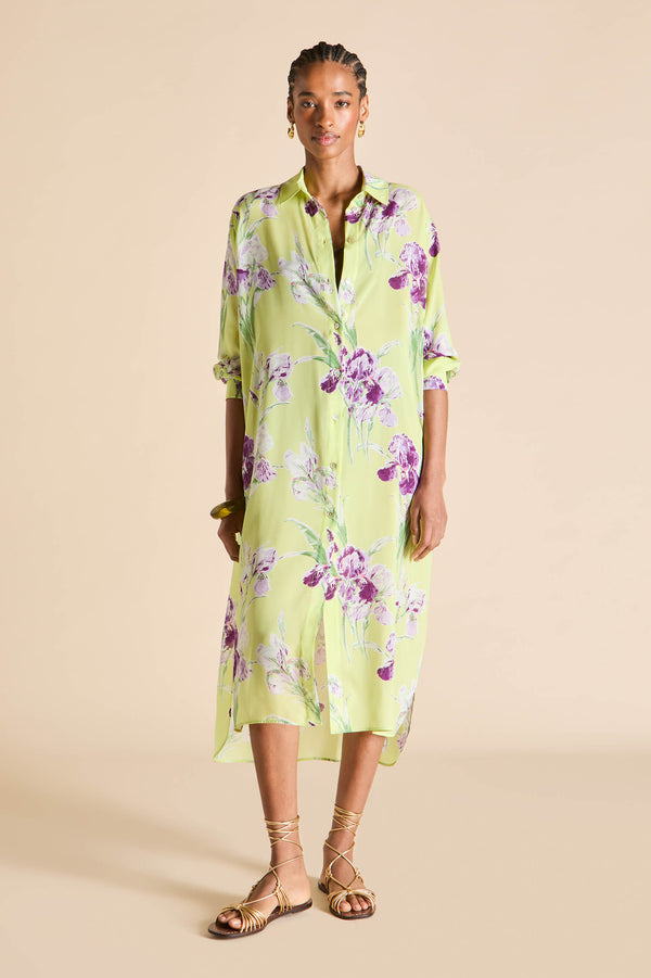 Olivia Von Halle Phoebe Sundial Green Floral Shirt Dress In Silk-Chiffon Green