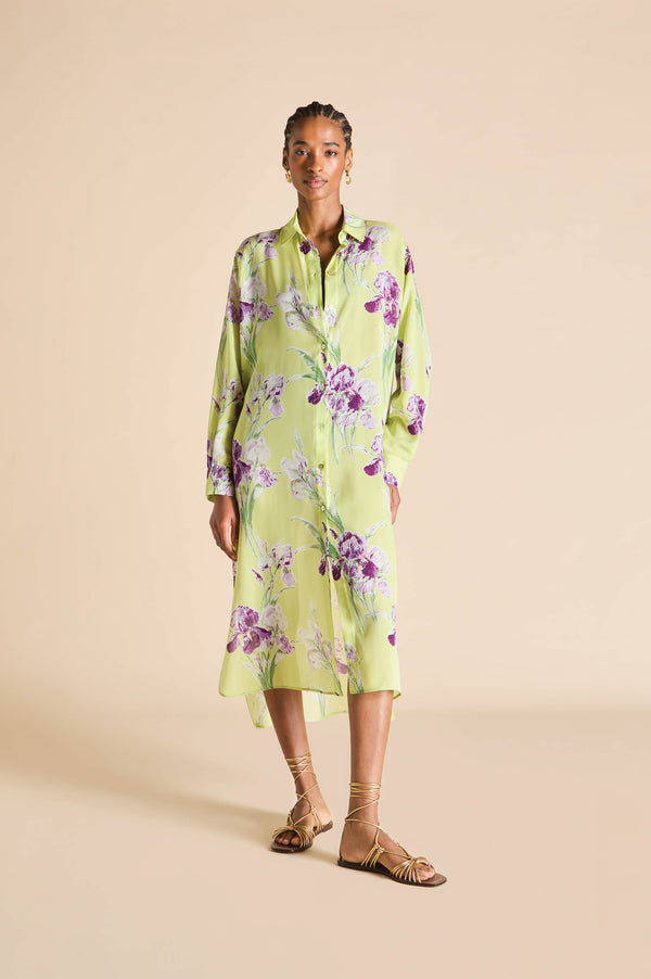 olivia von halle Phoebe Sundial Green Floral Shirt Dress in Silk-Chiffon Green