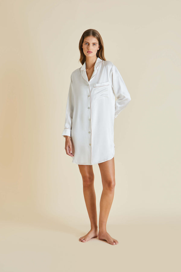 olivia von halle Poppy Ivory Oyster Nightshirt in Silk Satin Ivory