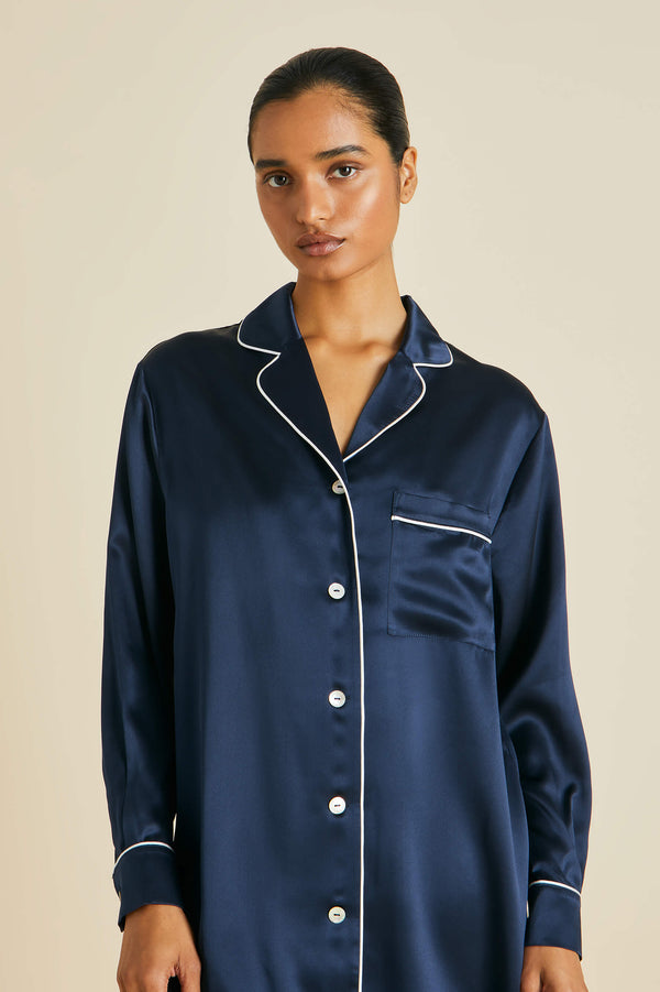 Olivia Von Halle Poppy Navy Nightshirt In Silk Satin Navy