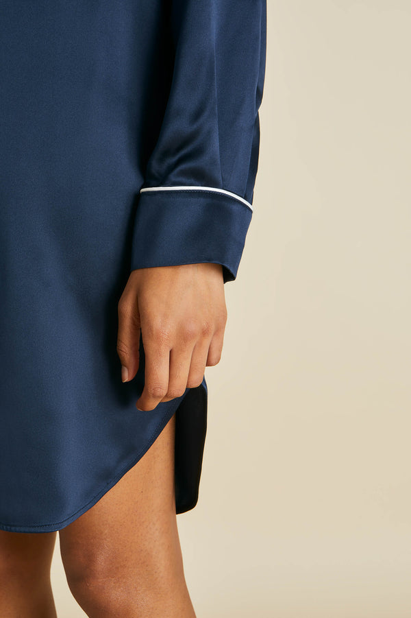 Olivia Von Halle Poppy Navy Nightshirt In Silk Satin Navy