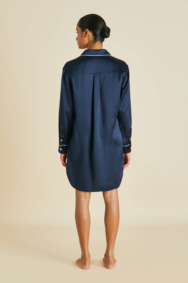 Olivia Von Halle Poppy Navy Nightshirt In Silk Satin Navy
