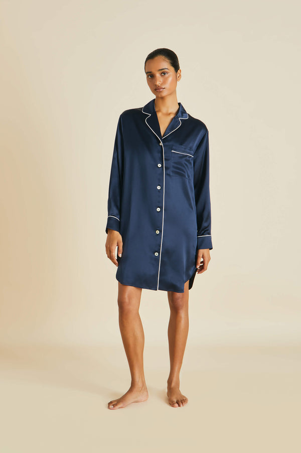 olivia von halle Poppy Navy Nightshirt in Silk Satin Navy