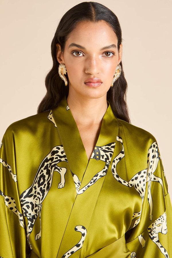 Olivia Von Halle Queenie Chanson Green Leopard Robe In Silk Satin Green