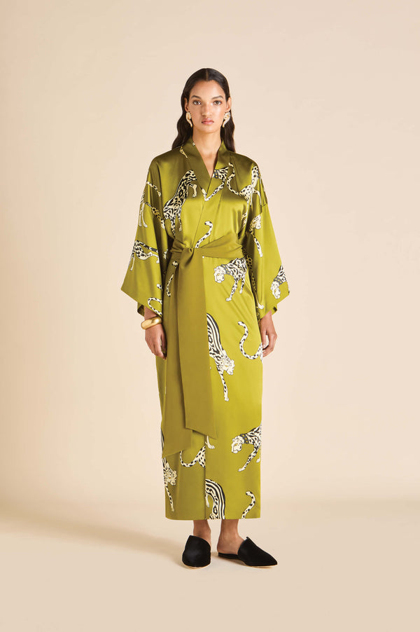 olivia von halle Queenie Chanson Green Leopard Robe in Silk Satin Green