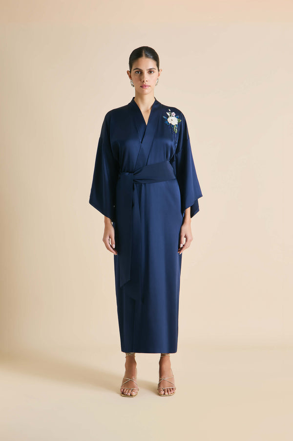 Olivia Von Halle Queenie Harmonies Navy Embellished Robe In Silk Satin Navy