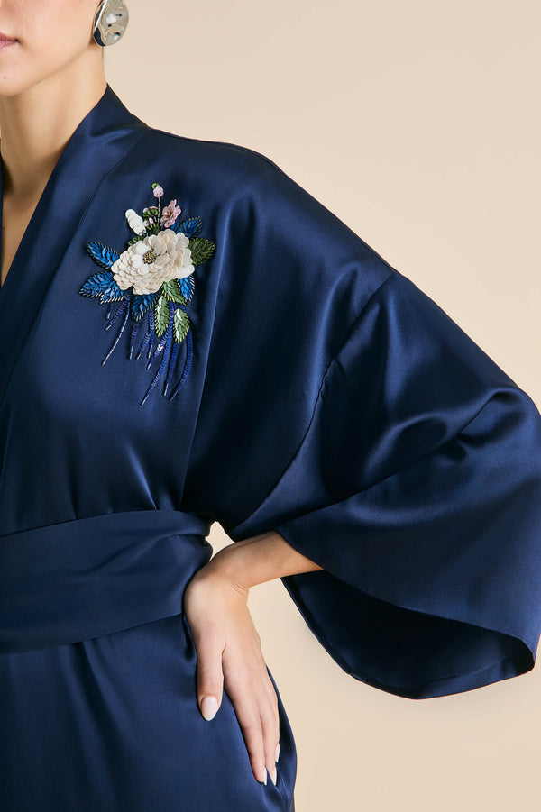 Olivia Von Halle Queenie Harmonies Navy Embellished Robe In Silk Satin Navy