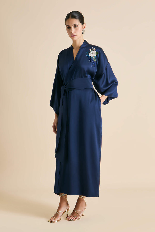 Olivia Von Halle Queenie Harmonies Navy Embellished Robe In Silk Satin Navy