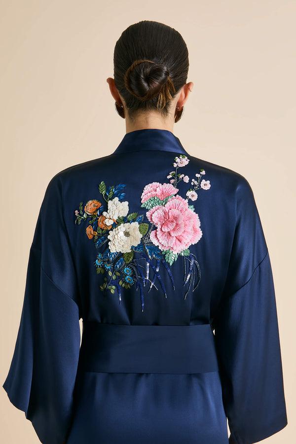 olivia von halle Queenie Harmonies Navy Embellished Robe in Silk Satin Navy