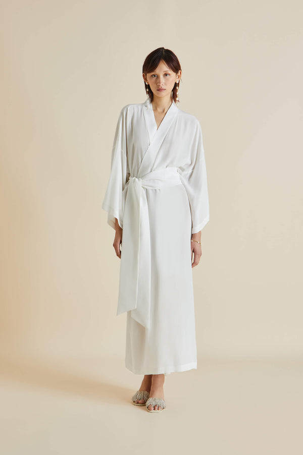 olivia von halle Queenie Ivory White Robe in Silk Crêpe de Chine Ivory