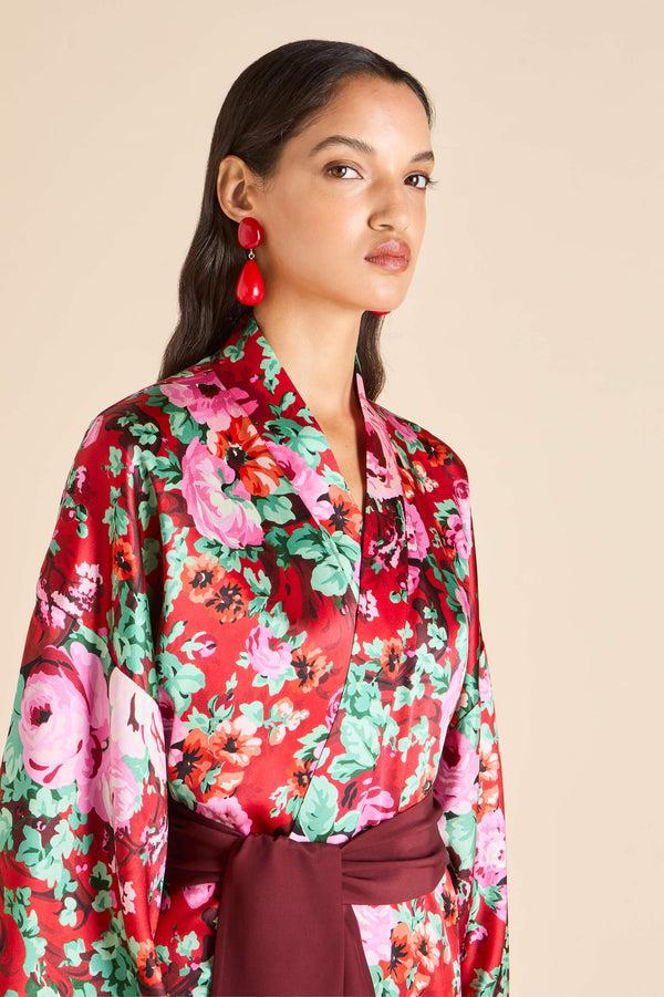 Olivia Von Halle Queenie Moulin Red Floral Robe In Silk Satin Red