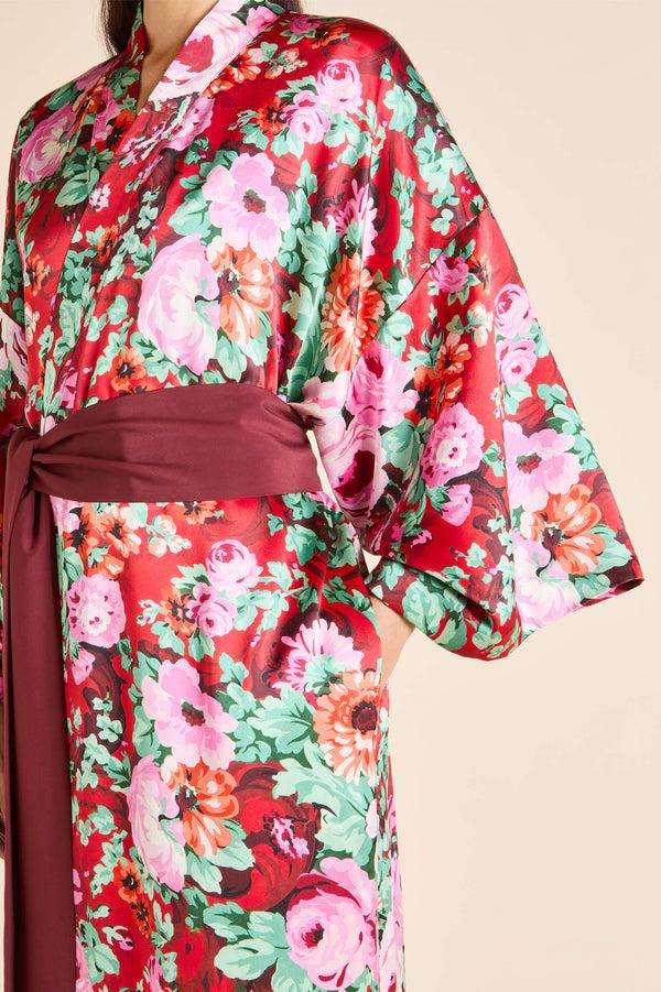 Olivia Von Halle Queenie Moulin Red Floral Robe In Silk Satin Red