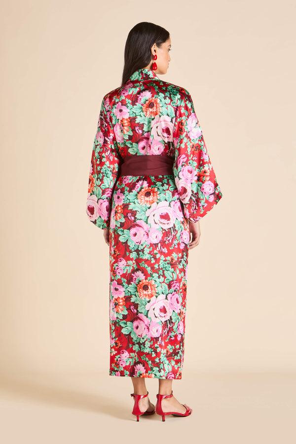 Olivia Von Halle Queenie Moulin Red Floral Robe In Silk Satin Red