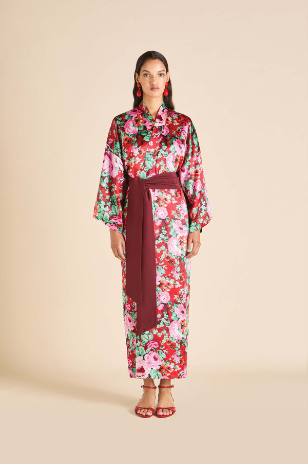 olivia von halle Queenie Moulin Red Floral Robe in Silk Satin Red