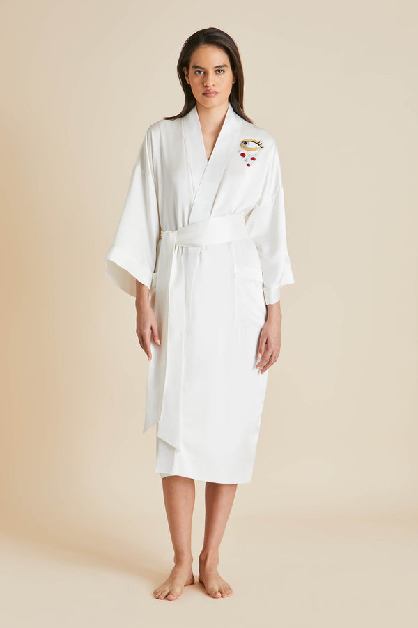 Olivia Von Halle Sabine Desire Ivory Robe In Silk Satin Ivory