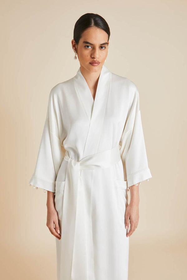 Olivia Von Halle Sabine Ivory Pearl Robe In Silk Satin Ivory