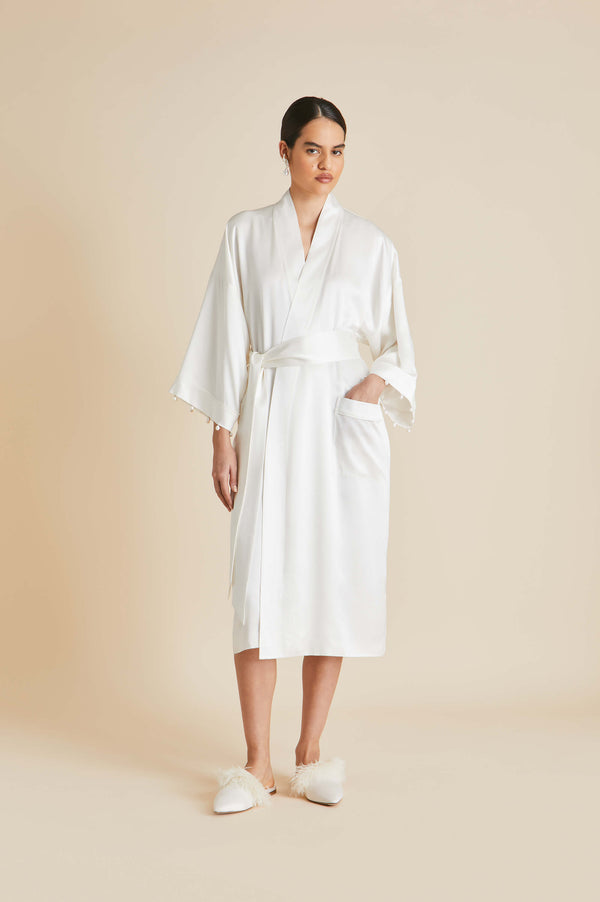 olivia von halle Sabine Ivory Pearl Robe in Silk Satin Ivory