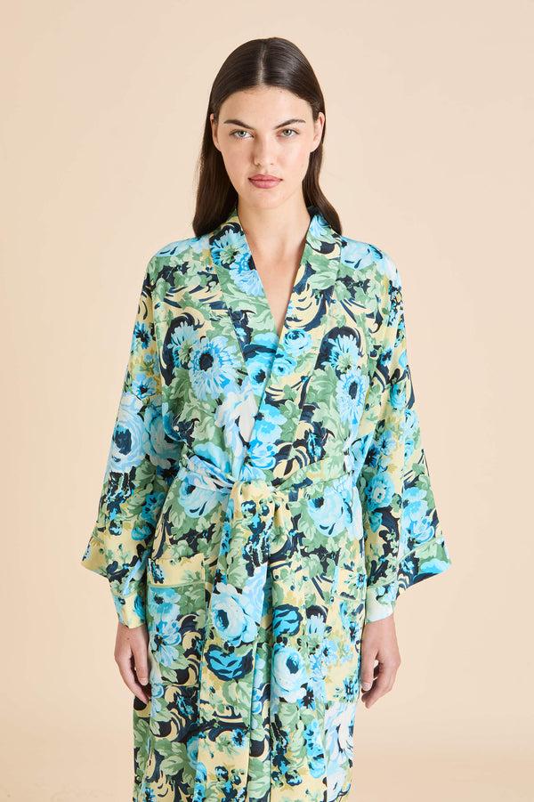 Olivia Von Halle Sabine Jardin Blue Floral Robe In Silk Crêpe De Chine Blue