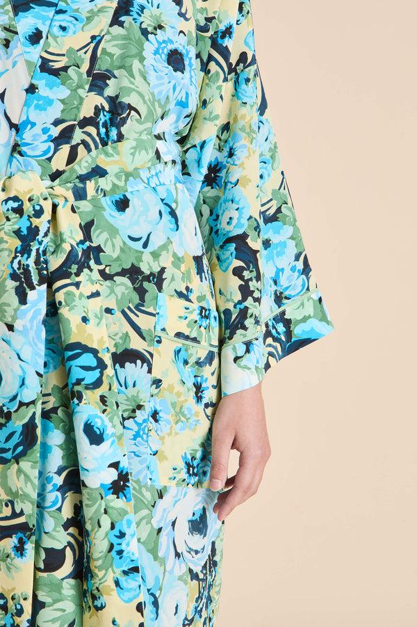 Olivia Von Halle Sabine Jardin Blue Floral Robe In Silk Crêpe De Chine Blue
