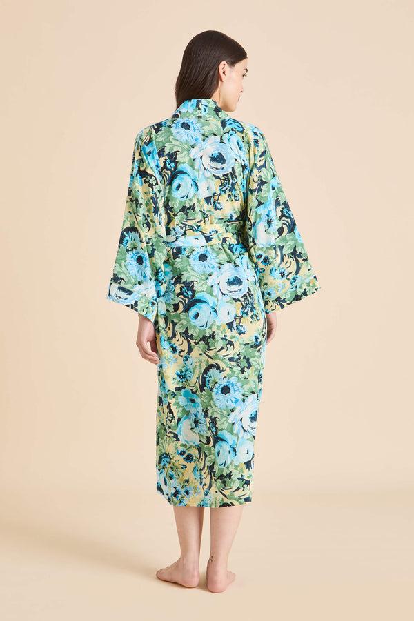 Olivia Von Halle Sabine Jardin Blue Floral Robe In Silk Crêpe De Chine Blue