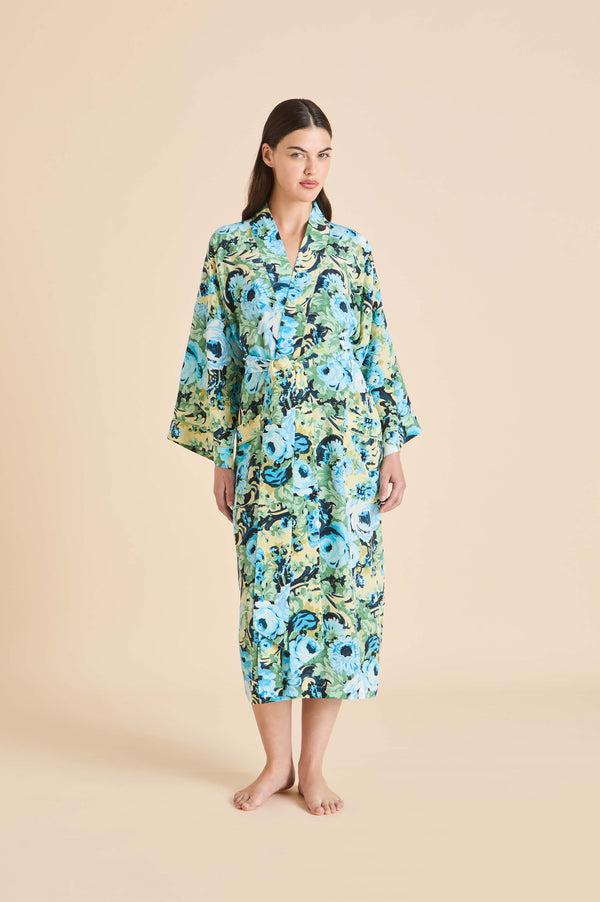 olivia von halle Sabine Jardin Blue Floral Robe in Silk Crêpe de Chine Blue