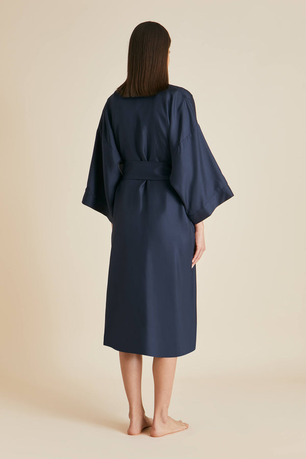 Olivia Von Halle Sabine Navy Robe In Silk Twill Navy