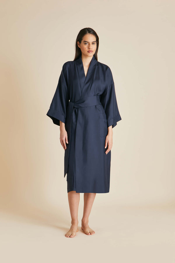 olivia von halle Sabine Navy Robe in Silk Twill Navy