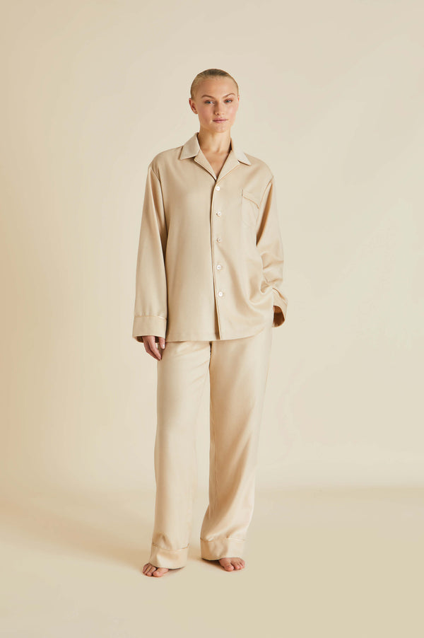 olivia von halle Vanderbilt Muscat Beige Pajamas in Cashmere Beige
