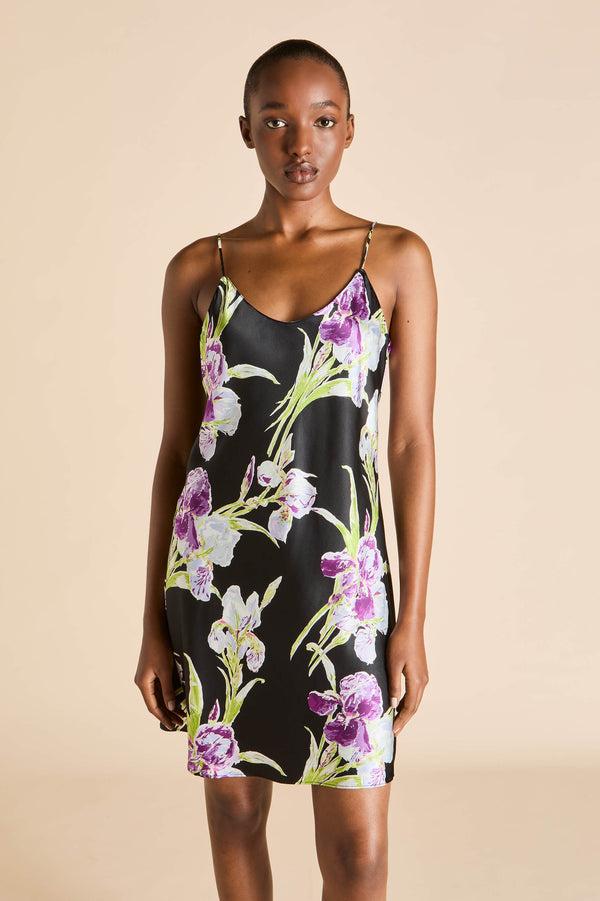 Olivia Von Halle Venus Athena Black Floral Dress In Silk Satin Black