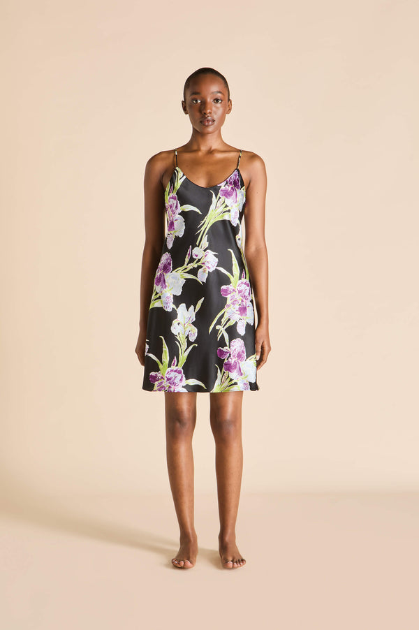 olivia von halle Venus Athena Black Floral Dress in Silk Satin Black