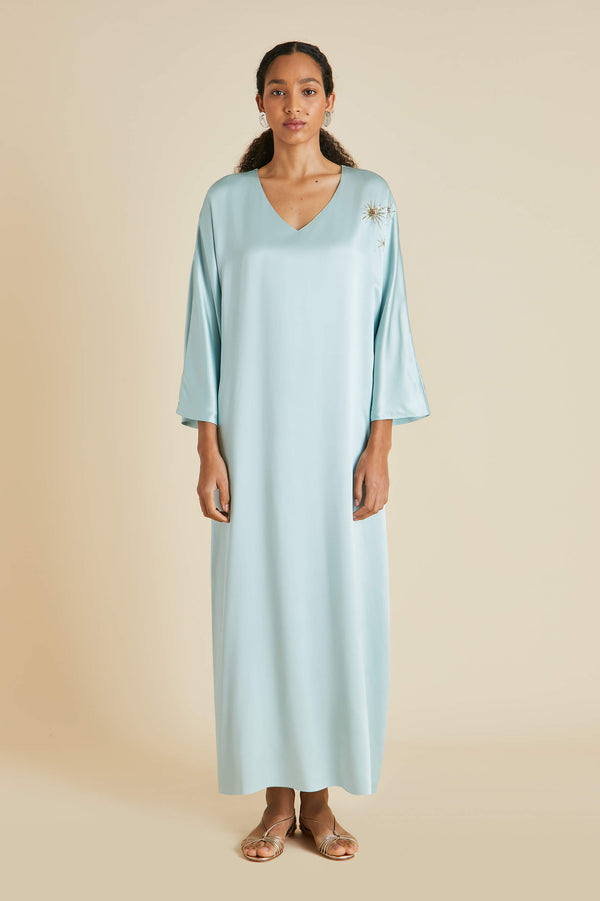 Olivia Von Halle Vreeland Incantation Blue Embellished Dress In Sandwashed Silk