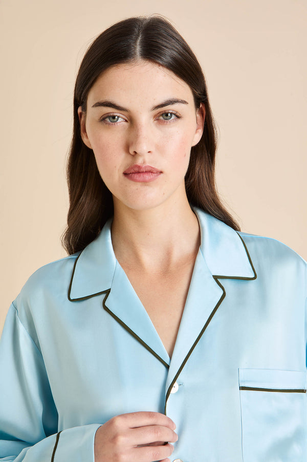 Olivia Von Halle Yves Azure Blue Pajamas In Silk Satin Blue