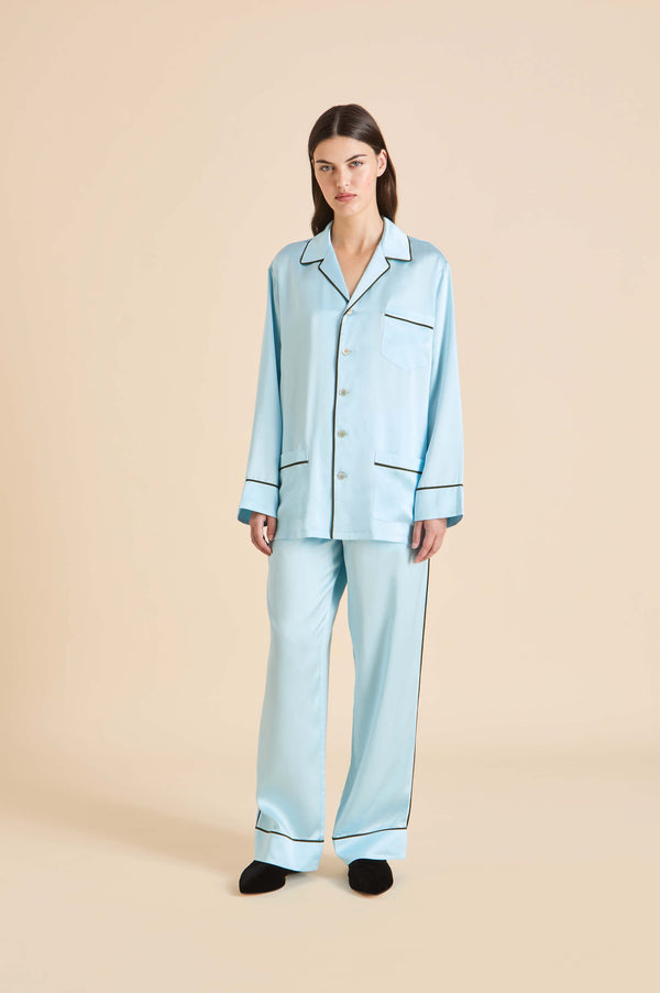 olivia von halle Yves Azure Blue Pajamas in Silk Satin Blue