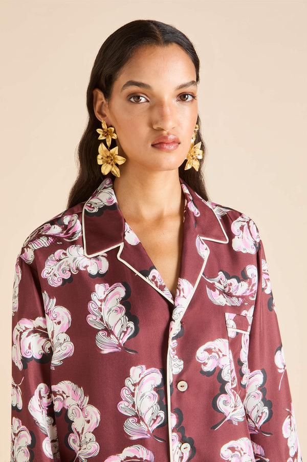 Olivia Von Halle Yves Boudoir Maroon Feather Pajamas In Silk Twill Maroon