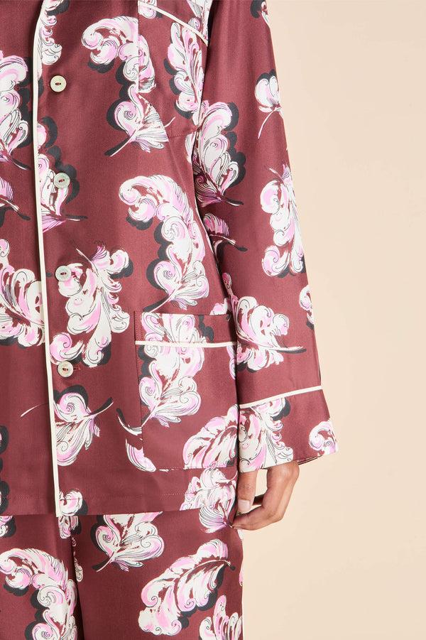 Olivia Von Halle Yves Boudoir Maroon Feather Pajamas In Silk Twill Maroon