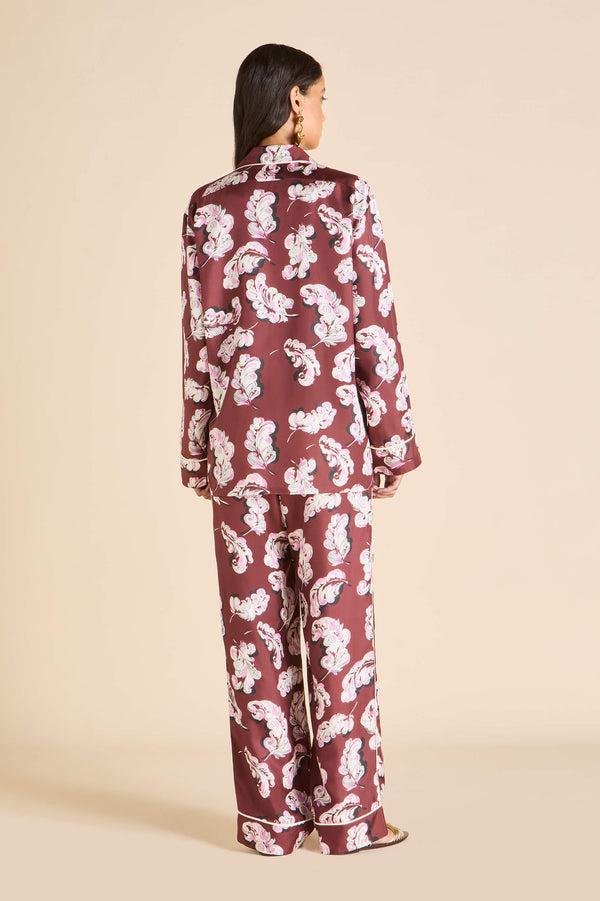 Olivia Von Halle Yves Boudoir Maroon Feather Pajamas In Silk Twill Maroon