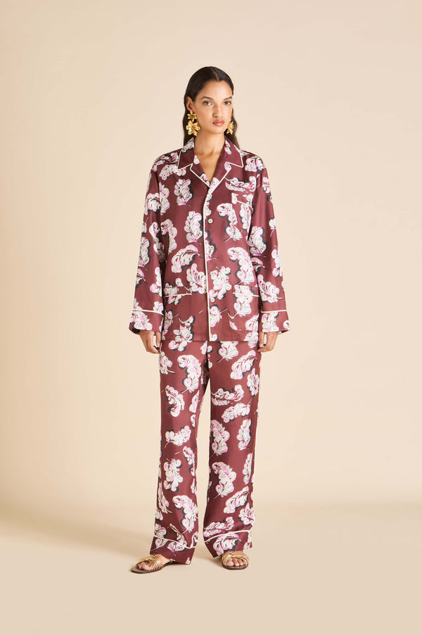 olivia von halle Yves Boudoir Maroon Feather Pajamas in Silk Twill Maroon